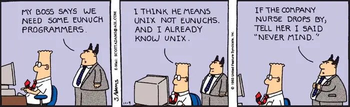 Serieillustration med en kontorsarbetare och chef som diskuterar behovet av UNIX-programmerare, förvirrade med eunuck.