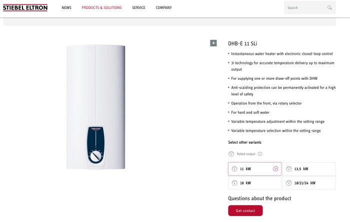Varmvattenberedare med elektrisk styrning, modell DHB-E 11 Sli, visas på Stiebel Eltrons produktsida med beskrivning av funktioner och kapacitet.