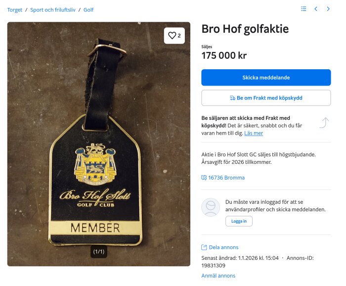 Medlemsbricka från Bro Hof Slott Golf Club med texten "Member" och klubbens emblem, säljs för 175000 kr.