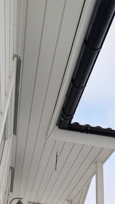 Närbild av takfot på ett vitmålat hus med svarta stuprör, sett underifrån med fokus på möjlig luftspalt för ventilation bakom panelen.