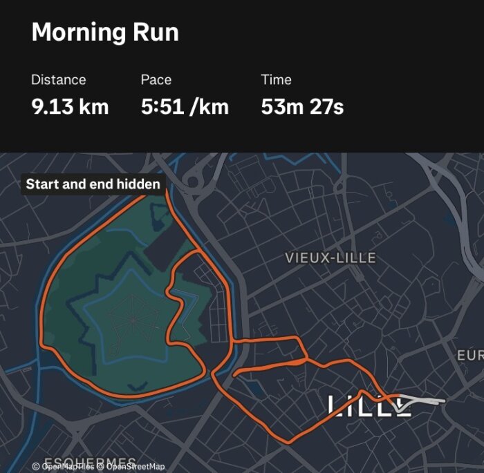 Karta över en löprunda i Lille, visar en rutt på 9,13 km med en takt på 5:51/km och tid 53m 27s. Start och mål är dolda.