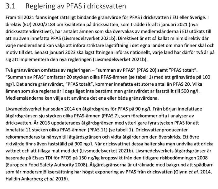 Textutdrag om reglering av PFAS i dricksvatten inom EU och Sverige med hänvisningar till specifika gränsvärden och förordningar.