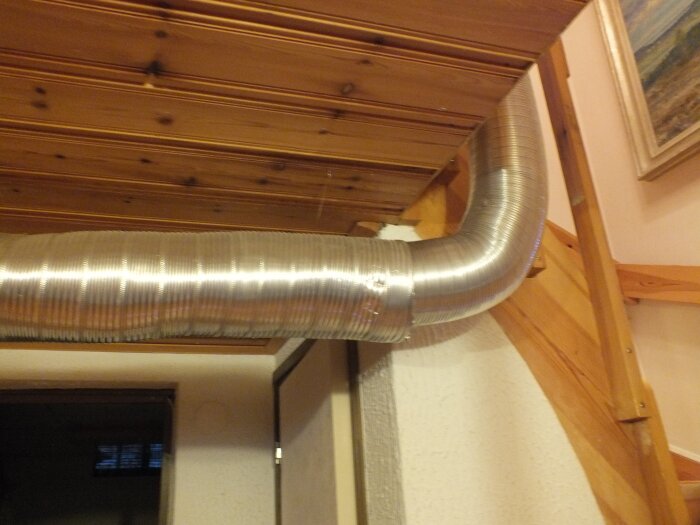 Korrugerat aluminiumnär ovanför träribbor i gillestuga, nära taket. Rörsystem för värmeöverföring från kamin till övervåning.
