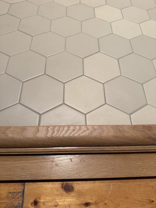 Hexagonalt klinkergolv vid tröskel i ljus trä.