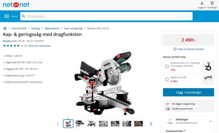 Metabo KGS 216 M kap- och gersåg med dragfunktion, 1200W effekt, synlig i onlinebutik med pris och produktdetaljer.