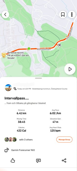 Karta över löprunda på Albogaleden i Söderköping; visar start- och slutpunkt, samt passdata som distans, tid och kaloriförbrukning.