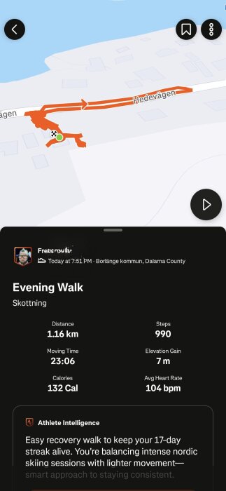 Karta över en kvällspromenad i Borlänge kommun, med detaljer om distans (1,16 km), tid (23:06), steg (990) och kalorier (132).