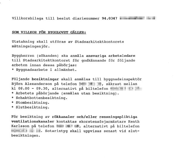 Villkorsbilaga för bygglov, beslutnummer 94.0347, med krav på utstakning, ansvariga arbetsledare, och olika besiktningar inklusive slutbesiktning.