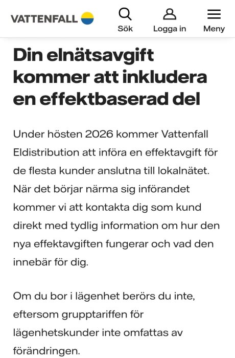 Skärmdump av Vattenfalls meddelande om att elnätsavgiften kommer inkludera en effektbaserad del från hösten 2026 för de flesta kunder.