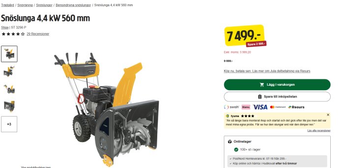 Snöslunga Stiga 4,4 kW med en bredd på 560 mm från Jula, visas med pris och kundrecensioner i en produktkatalog.