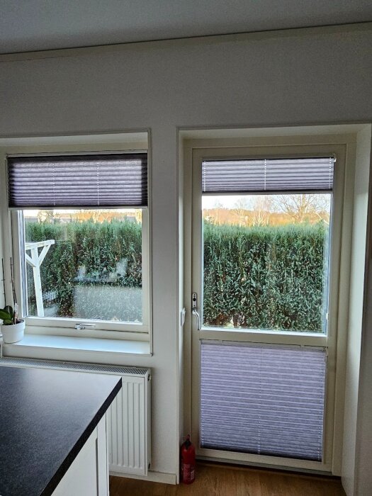 Fönster och en altandörr med ljusgrå pliségardiner installerade, synlig grönska utomhus genom glasen.