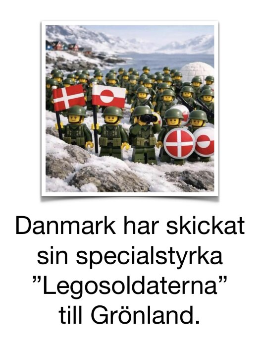 Legofigurer i gröna uniformer med danska och grönländska flaggor står på snötäckta klippor med fjäll och hav i bakgrunden.