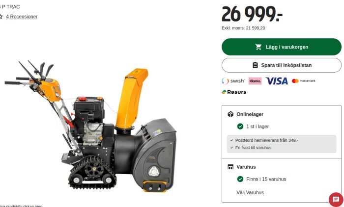 Snöslunga av märket Stiga visas på produktbild med prisinformation och lagerstatus på webbutikens sida.