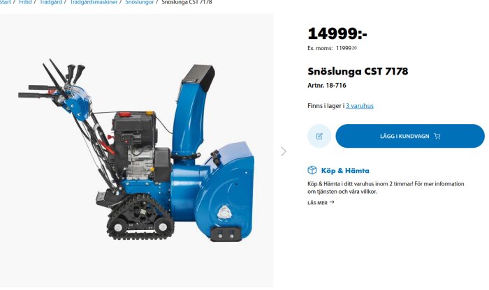 Blå snöslunga CST 7178 med larvfötter visas från sidan mot vit bakgrund, pris 14999 kr.