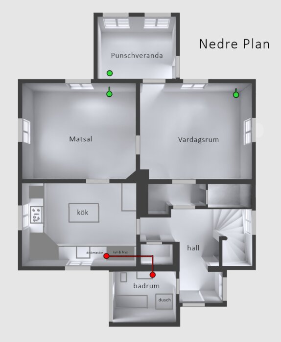 Planritning över nedre plan i ett hus, visar rumsindelning. Gröna cirklar för tilluft och röda för frånluft i punschveranda, matsal och badrum.