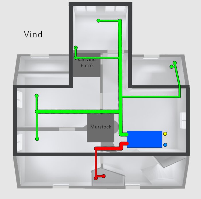 Planritning med ventilation för ett sekelskifteshus. Grön markering visar till-luft och röd markerar från-luft. Placering av aggregat och ventiler på övervåningen.
