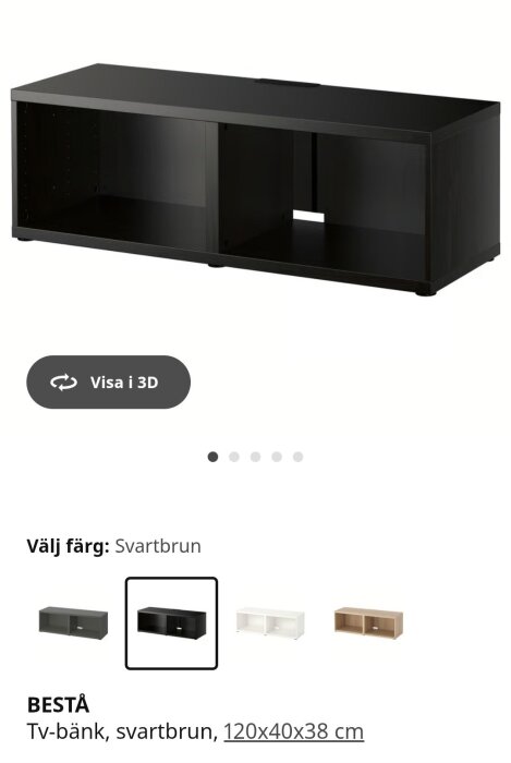 Svartbrun TV-bänk, modell BESTÅ, mått 120x40x38 cm, med öppna hyllor för förvaring.