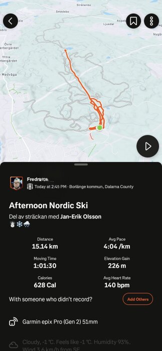 Karta och statistik från en skidtur i Borlänge kommun, distans 15,14 km, snittfart 4:04/km, höjdökning 226 m, tid 1 timme och 1 minut.