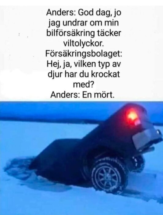 Bil står fast på frusen sjö med bakdel uppåt och ett hål i isen. Texten ovanför handlar om en komisk olycka där bilisten krockat med en mört.