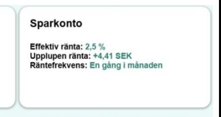 Sparskontoutdrag visar 2,5% effektiv ränta, +4,41 SEK upplupen ränta, räntefrekvens en gång i månaden.