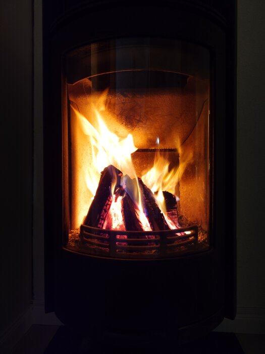 Brinnande ved i en eldstad med glasdörr, flammor syns tydligt genom glaset.