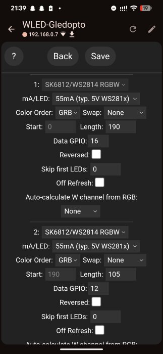 WLED-Gledopto appinställningar för SK6812/WS2814 LED-strips, med parametrar som strömstyrka, färgordning, och Data GPIO visas på en mobilskärm.