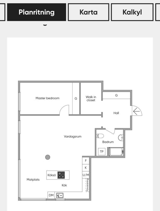 Planritning av en lägenhet med master bedroom, vardagsrum, kök, matplats, walk-in closet, hall och badrum men utan ytterligare sovrum.