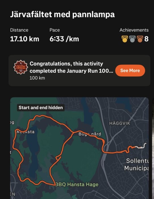 Löprunda på Järvafältet med pannlampa, 17,10 km. Tid 6:33/km, 8 utmärkelser. Karta med rutt markerad i orange.