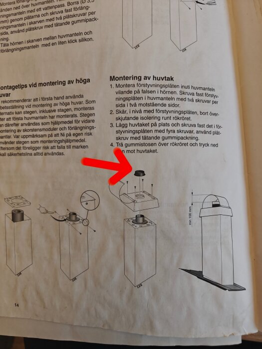Instruktionssida för montering av huv på skorsten, med illustrationer och en röd pil som pekar på ett steg i processen.