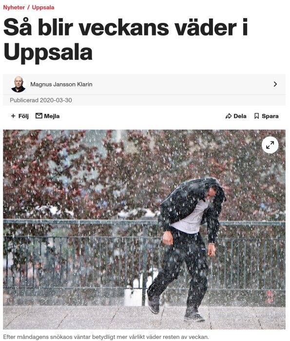 En person promenerar i kraftigt snöfall, med en jacka över huvudet, på en trottoar i Uppsala.