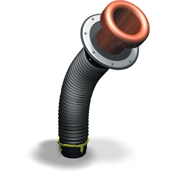 Flexibel avluftningsrör med röd öppning och metallfläns, används på tak för ventilation.
