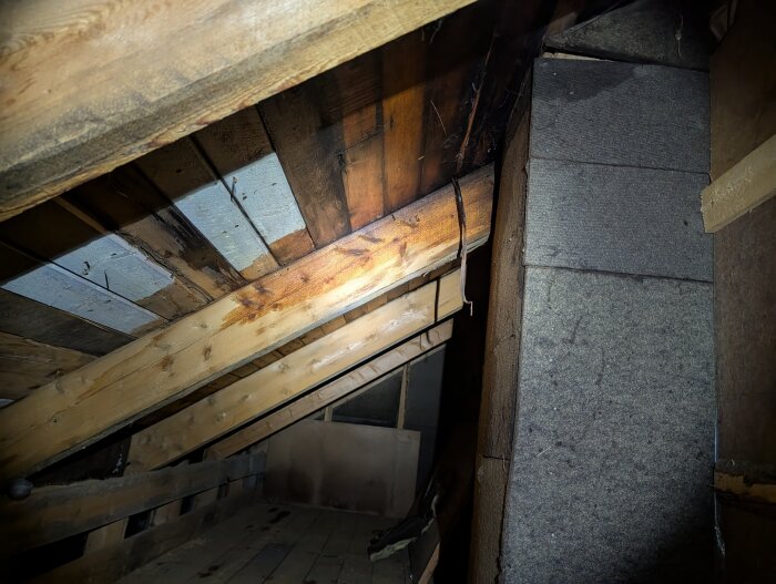Vind med träbalkar och råspont, visar fuktfläckar och misstänkt svartmögel på några brädor. Skymt av isolering och bristande ventilation.
