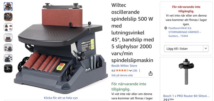 Wiltec oscillerande spindelslip 500 W med bandslip och 5 sliphylsor, visad med produktbeskrivning och pris, för närvarande inte tillgänglig.