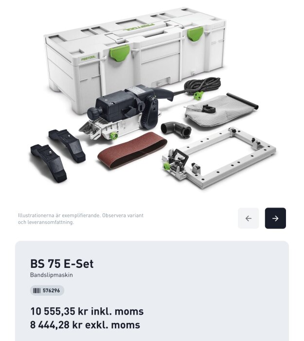 Festool BS 75 E-Set bandslipmaskin med tillbehör, inklusive bordsfästen, vinkelanhåll och slipram, visas med förvaringslåda.