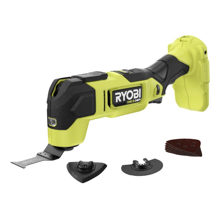 Ryobi ONE+ HP RMT18X-0 multiverktyg med blad och slippapper, idealiskt för kapning och justering av trä, plast och metall.