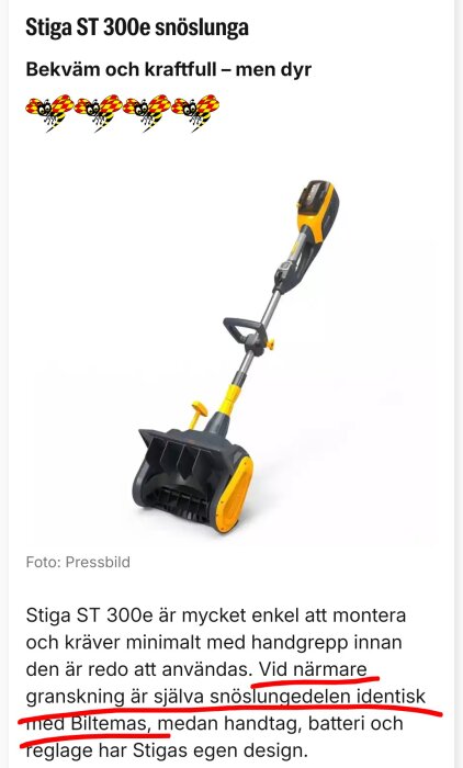 Elektrisk snöskyffel Stiga ST 300e, grå och gul, med handtag och kontrollpanel.