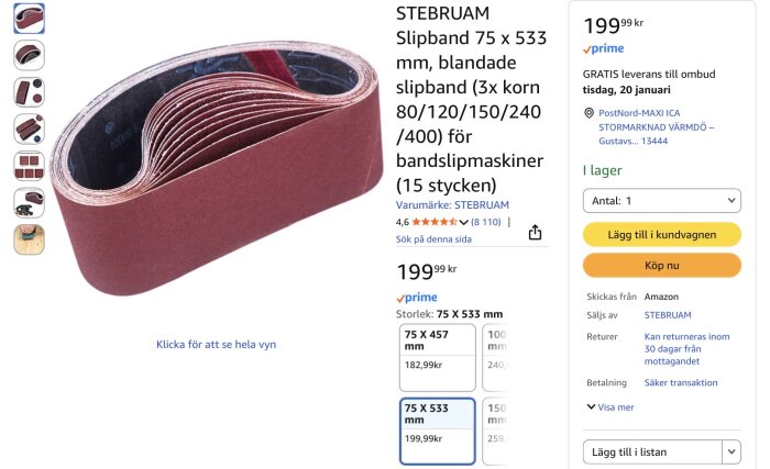 Slipband 75 x 533 mm från STEBRUAM för bandslipmaskiner, visar paketering och information om pris och leverans på en produktsida.