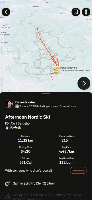 Karta över en nordisk skidtur i Borlänge kommun, 11,32 km lång, 215 m höjdökning, 571 kalorier brända, med statistik om tid och puls.