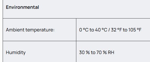 Tabell med miljödata för Shelly: Omgivningstemperatur 0-40°C, luftfuktighet 30-70 % RH.