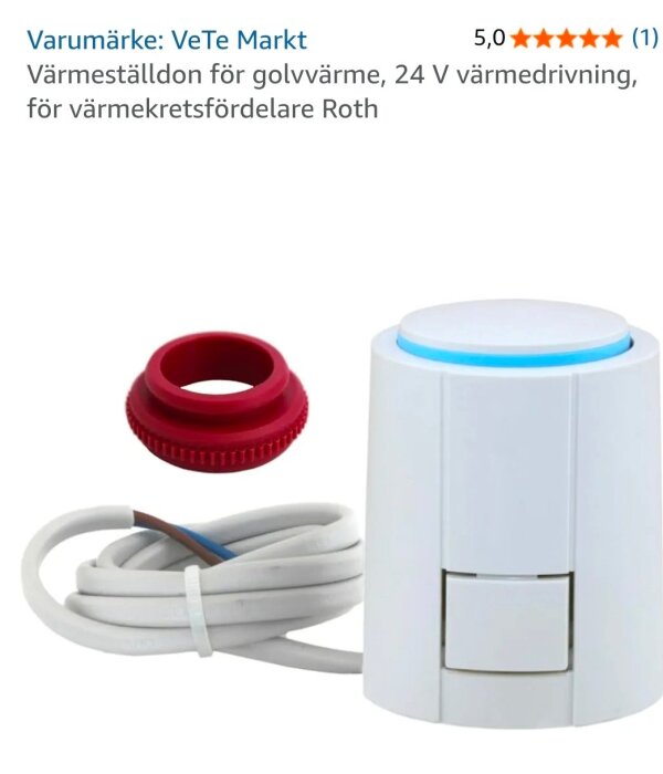 24V värmeställdon för golvvärme, märkt VeTe Markt, med vit kabel och röd anslutningsdel, för värmekretsfördelare Roth.