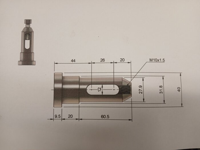 Ritning av en komponent med måttangivelser, förbättrat stöd för stål 12 x ≈24mm, med gängat hål M10x1.5 för stabilare konstruktion.