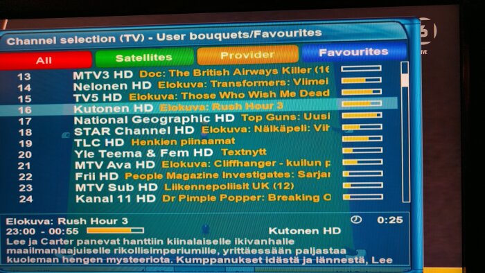 TV-kanallista för finska och internationella kanaler, med program "Rush Hour 3" markerat på Kanal 16, sändningstid 23:00–00:55.