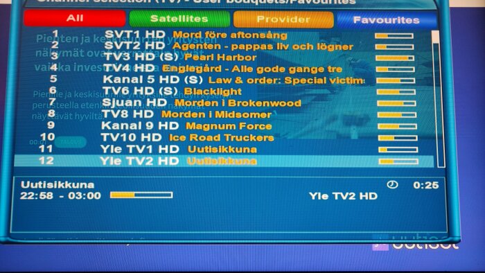 TV-meny med kanalval, programtitlar och sändningstider, inklusive SVT, TV4 och Yle-kanaler.