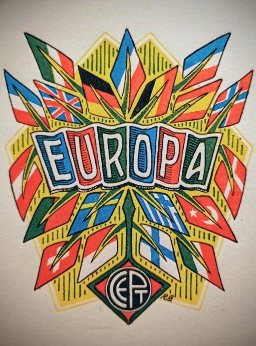 Äldre logotyp för Europeiska Post och Teleunionen med texten "Europa" och flera nationsflaggor arrangerade runt texten.