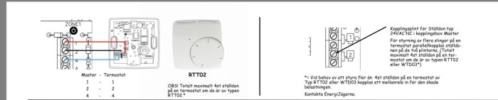 Elscheman för kopplingsplint och termostatmodell RTT02, med instruktioner för ställdon i kopplingsbox Master.