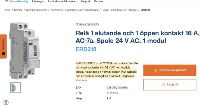 Relä ERD218 med märkström 16A och spänning 24V AC, används för att bygga lådor själv med normkapsling och har både NO och NC kontakter.