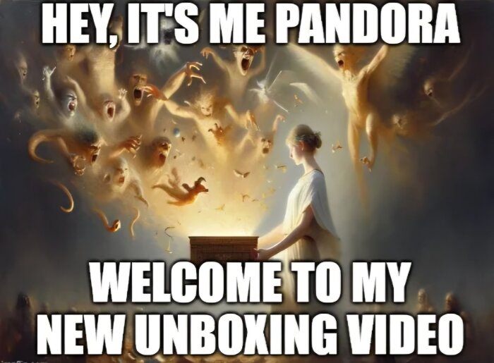 Kvinna öppnar mystisk låda omgivet av svävande skepnader och ljus i en dramatisk scen. Text: "Hey, it's me Pandora. Welcome to my new unboxing video.