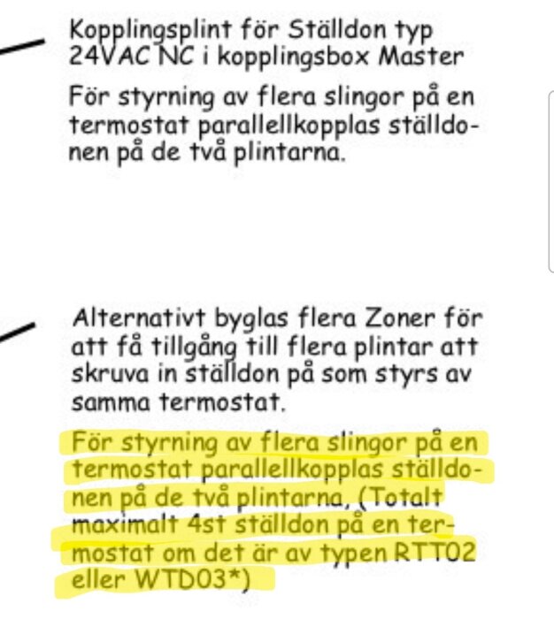 Textinstruktioner för kopplingsplint för ställdon i en kopplingsbox, inklusive råd om parallellkoppling för flera slingor.