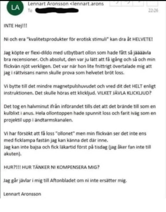En skärmdump av ett mejl med klagomål om en vuxenleksak som orsakat problem vid användning.