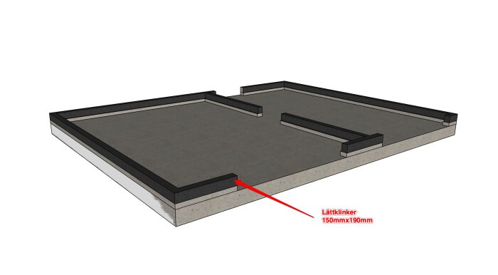 3D-illustration av en betongplatta med lättklinker på 150 mm x 190 mm, och isoleringsmaterial markerat med en röd pil.